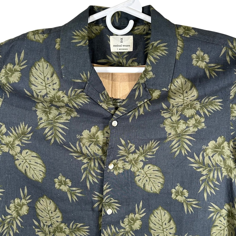 Mutual Weave Mens Large Navy Green Leaf Tropical Linen Blend Button Down New